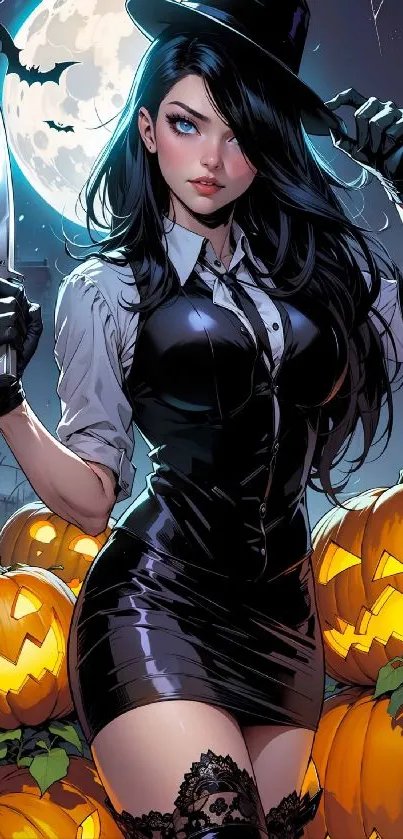 Gothic Halloween character with pumpkins and moonlight.