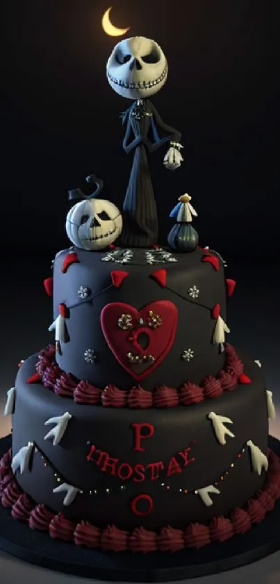 Gothic Halloween cake with spooky details and dark theme.