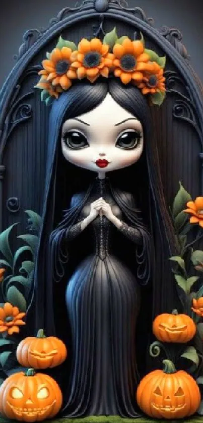 Gothic doll with pumpkins and flowers, Halloween theme.