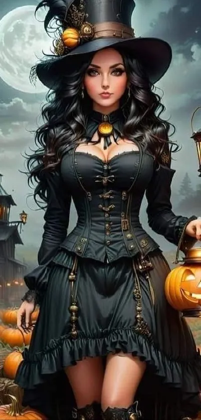 Mystical Halloween witch holding lit pumpkins.
