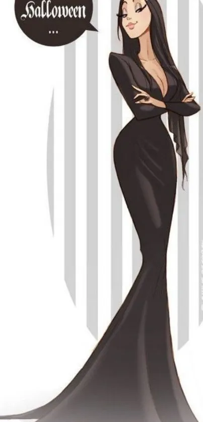 Gothic Halloween cartoon character in a sleek black dress.