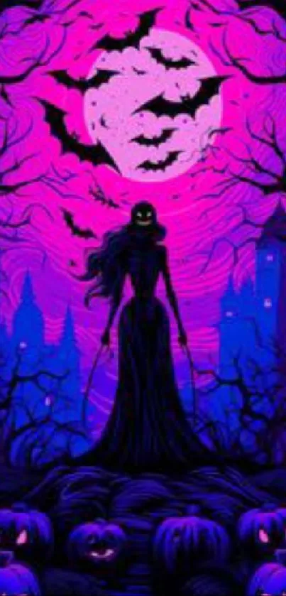 Gothic Halloween wallpaper with bats and purple moon.