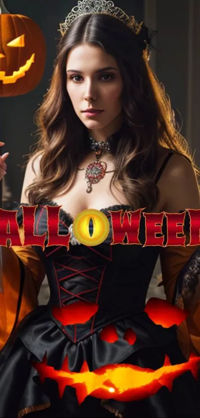 Gothic lady with pumpkin on Halloween theme.