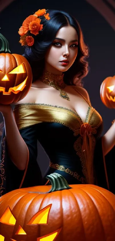 Gothic woman with jack-o'-lanterns in a spooky Halloween setting.