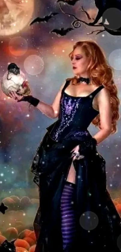 Gothic witch with moon and spooky Halloween scene on phone wallpaper.