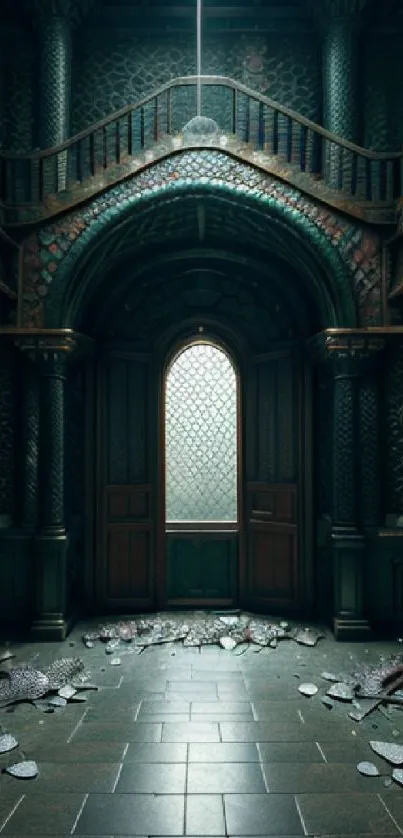 Gothic hallway with intricate architecture and dark green tones.