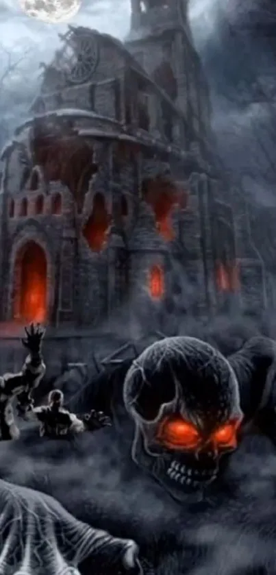 Gothic haunted castle with glowing red elements and ominous figures.