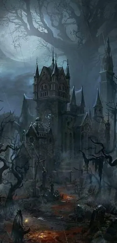 Dark gothic castle with eerie trees under a moonlit sky.