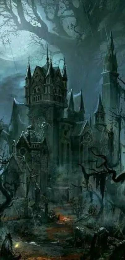 Gothic haunted castle under a moonlit sky with dark, eerie ambiance.