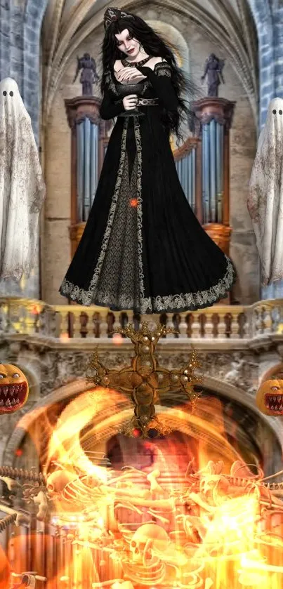 Gothic figure in a haunted cathedral with ghosts and fiery pumpkins.