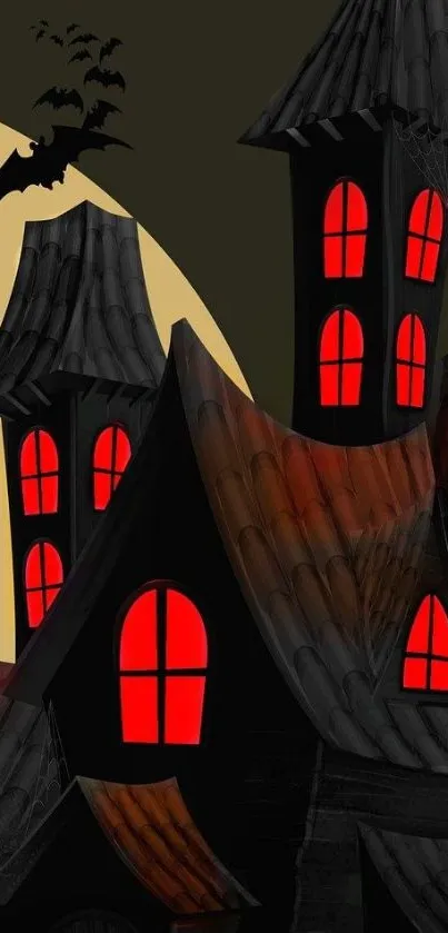 Gothic haunted house with red-lit windows and bats.