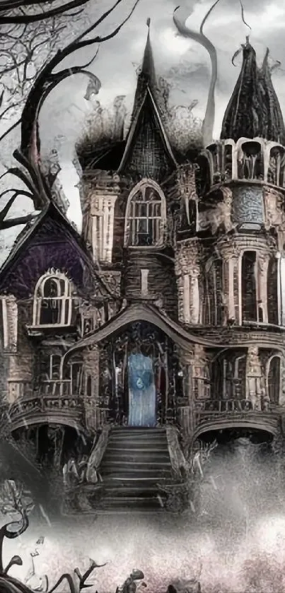 Gothic haunted house with dark trees and eerie atmosphere.