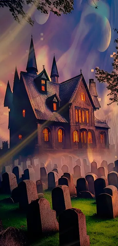Gothic haunted house with graveyard under moonlit sky.