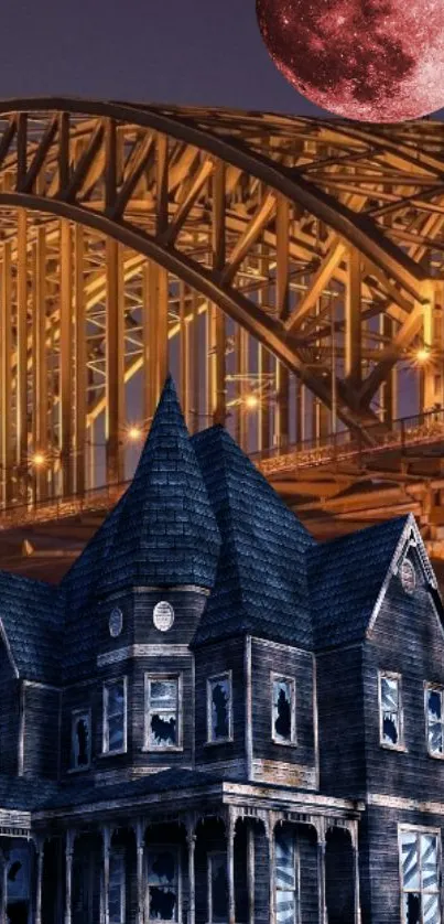 Gothic haunted house with bridge and full moon in the background.