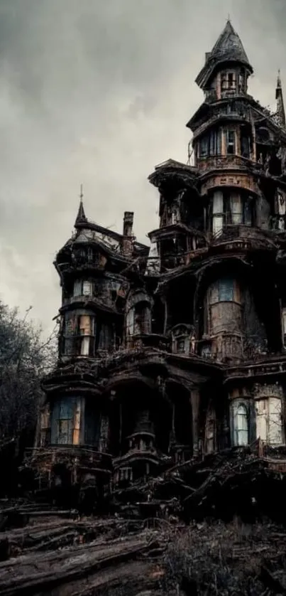 Eerie gothic manor with dark, spooky atmosphere under cloudy skies.