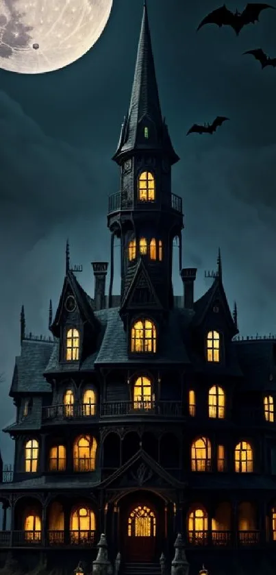 Gothic mansion with glowing windows under a full moon, surrounded by bats and fog.