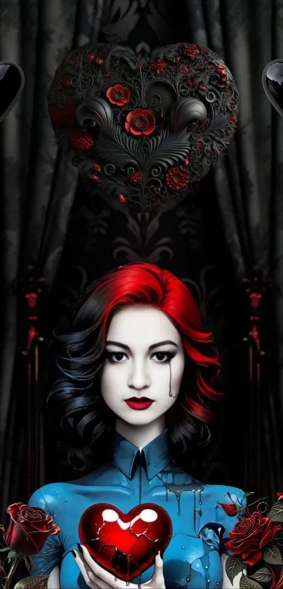 Gothic woman holding heart with roses and black design.