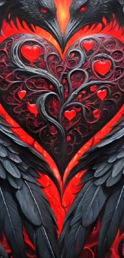 Gothic heart surrounded by ravens art wallpaper.