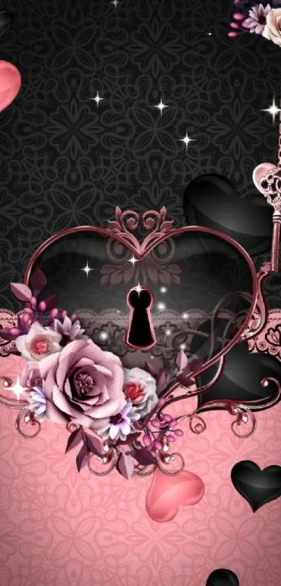 Gothic wallpaper with heart and floral design.