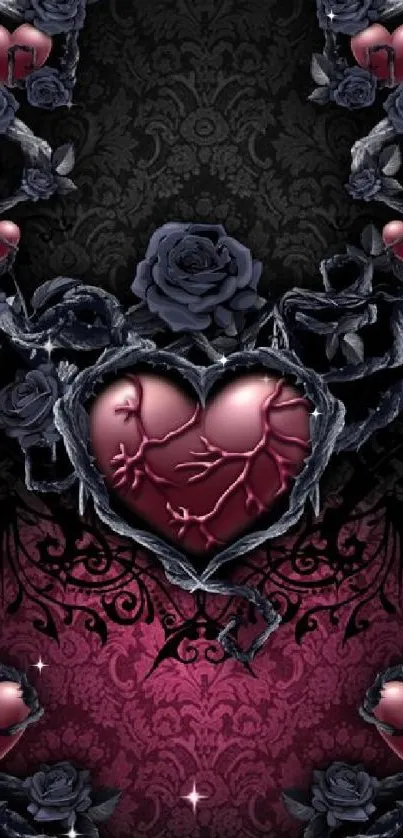 Gothic heart and roses mobile wallpaper.