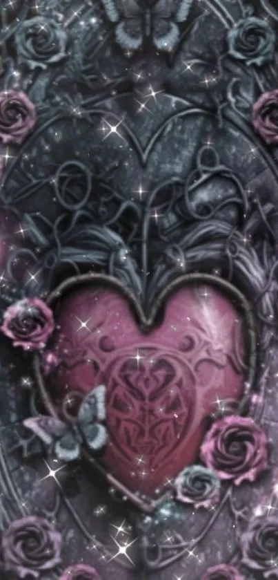 Gothic wallpaper with heart and roses design.