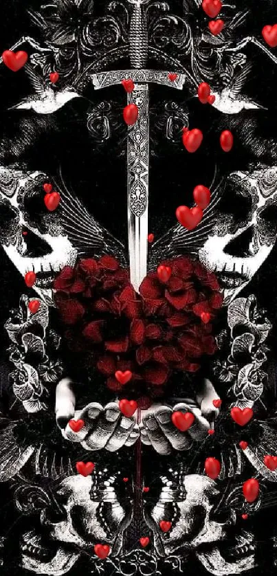 Gothic artwork featuring a heart with skull and sword motifs on a black background.