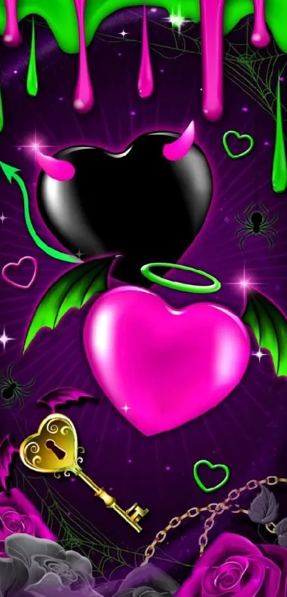 Neon pink and black gothic hearts with wings on wallpaper