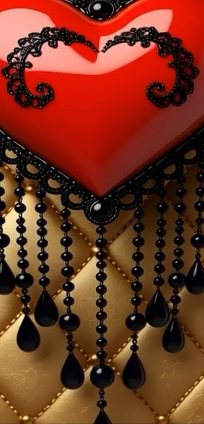 Gothic heart with black lace and gold background.