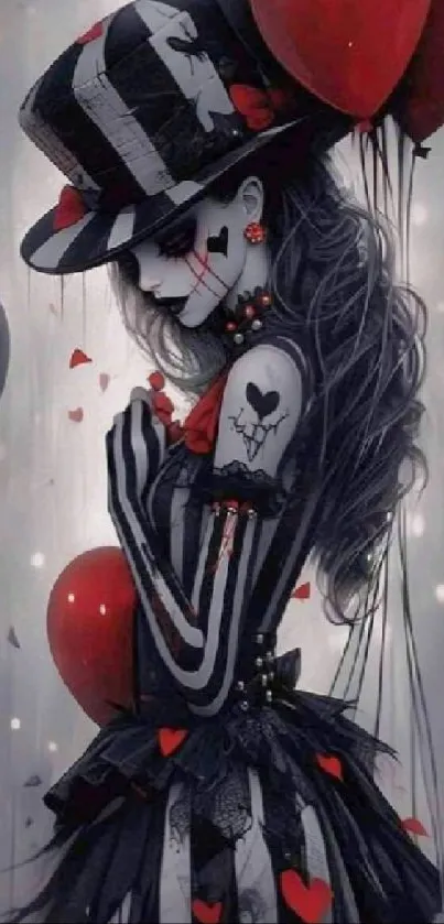 Gothic wallpaper with heart balloons and dark artistic character.