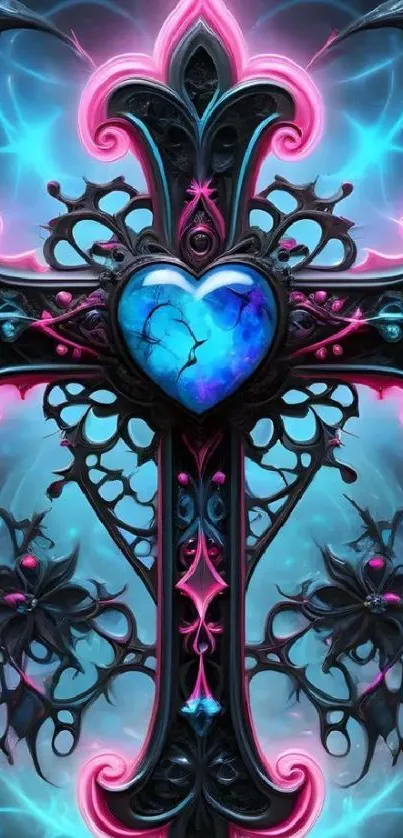 Neon blue and pink gothic cross with heart design wallpaper.