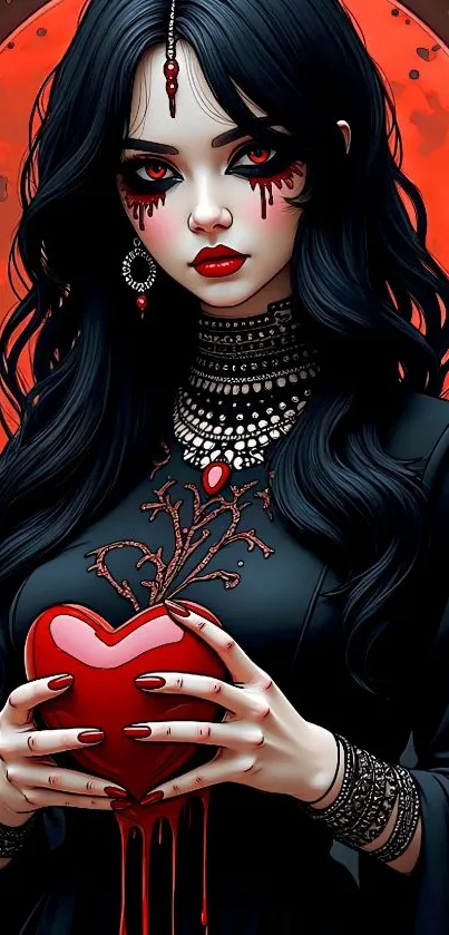 Gothic fantasy figure with a heart under a red moon.
