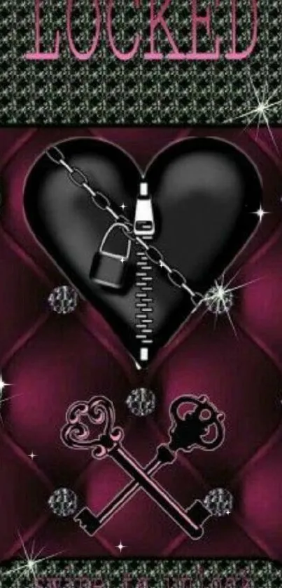 Gothic wallpaper with locked heart and keys on magenta background.