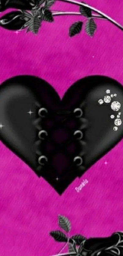 Gothic black heart with roses on pink background.