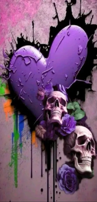 Purple heart and skulls art wallpaper with vibrant colors.