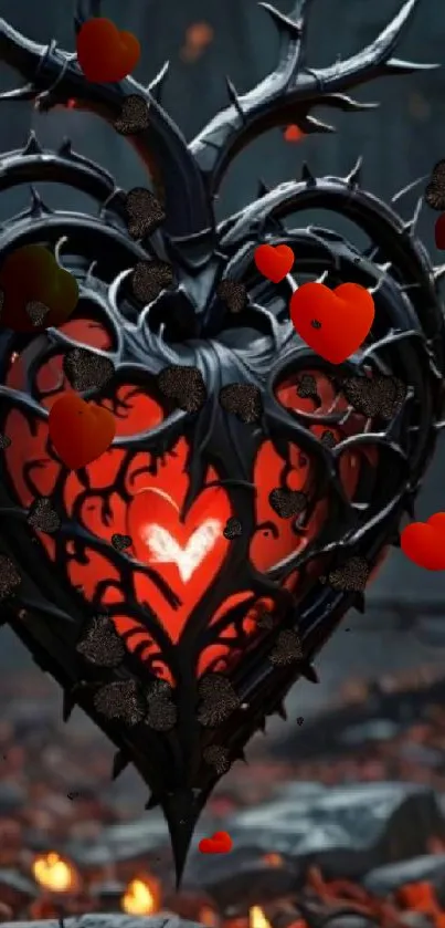 Intricate Gothic heart with thorny design and vibrant colors.