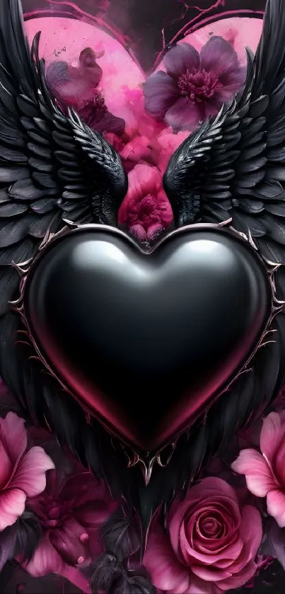 Gothic heart with wings and pink roses, dark aesthetic wallpaper.