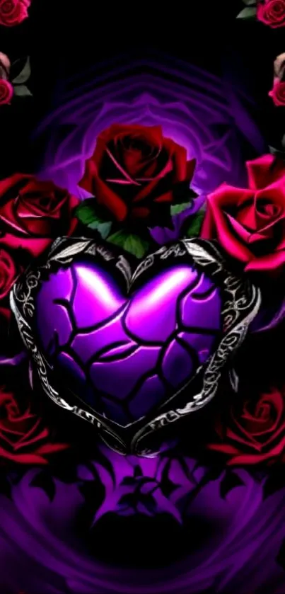 Gothic purple heart with red roses wallpaper.