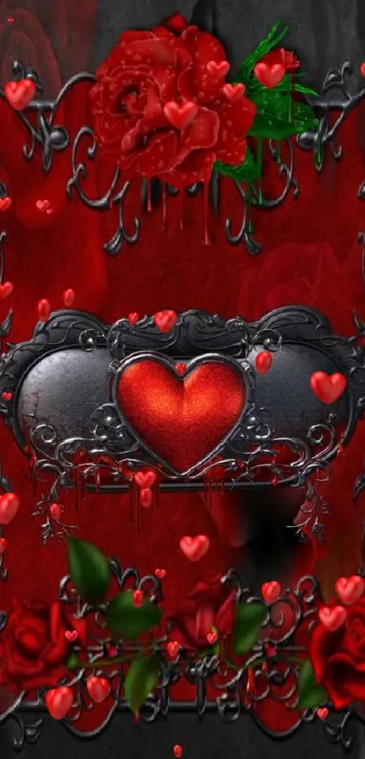 Gothic heart with roses and ornate frame on a dark background.