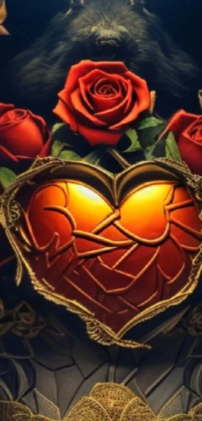 Gothic heart with red roses on dark wallpaper.