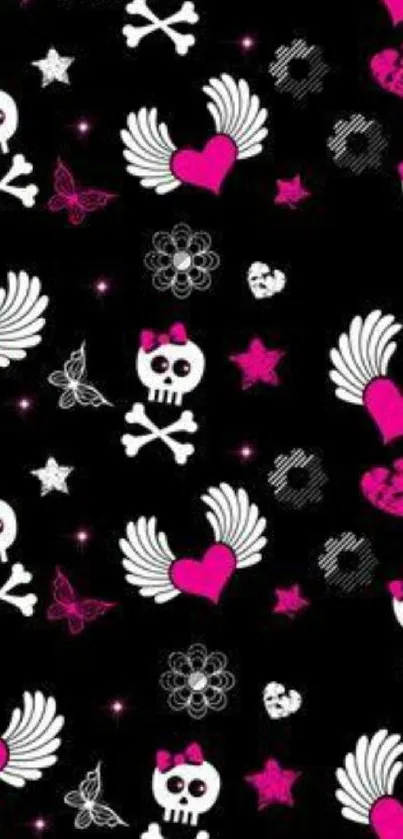 Gothic mobile wallpaper with hearts, skulls, and wings in pink and white on black.