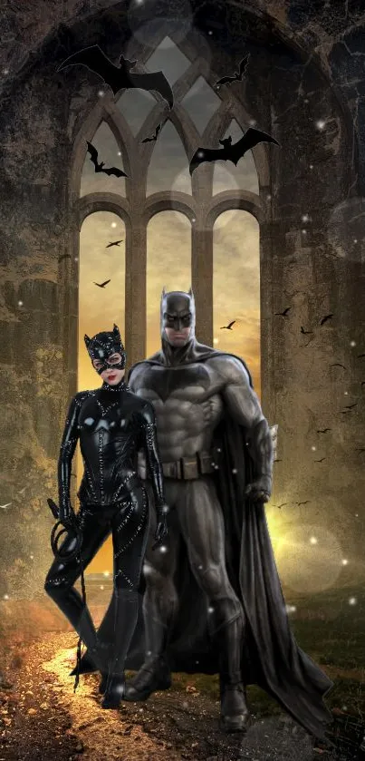 Gothic superhero and Catwoman in dark archway.