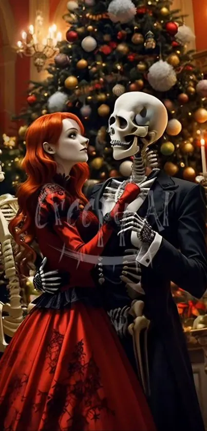 Gothic skeleton couple dance at festive Christmas event.