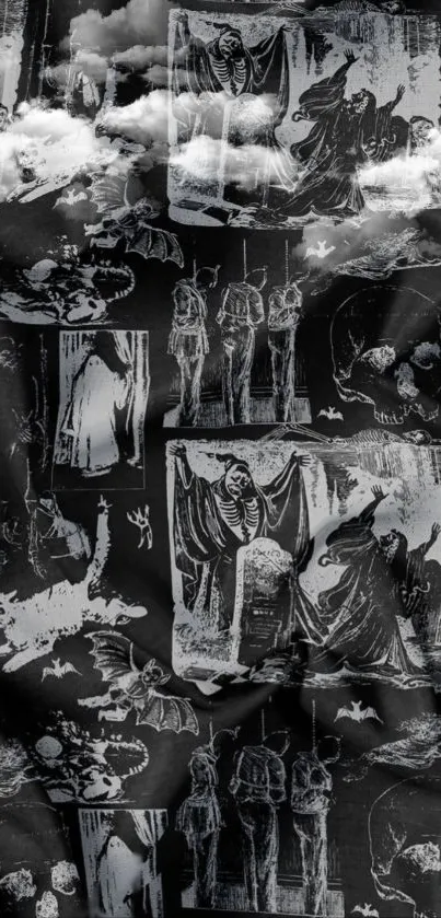 Gothic wallpaper with skeletons and bats in black and white tones.