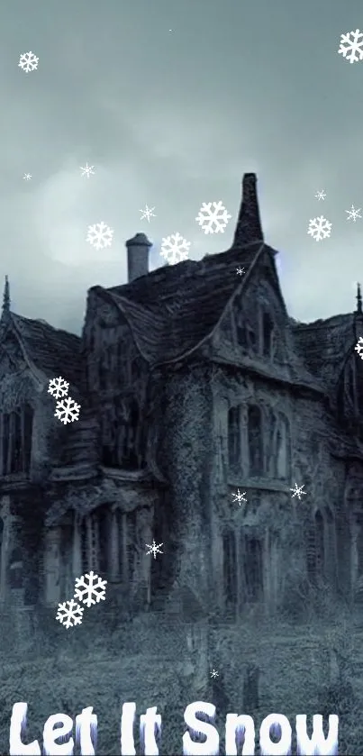 Gothic house with snowflakes falling and text 'Let It Snow'.