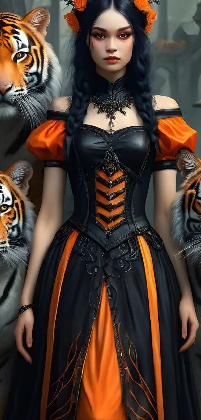 Gothic lady in black and orange dress with tigers.