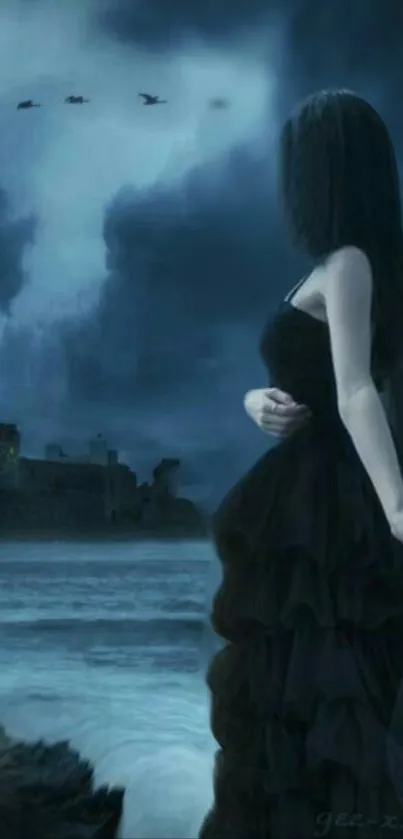 Gothic woman stands by moonlit sea, evoking a mysterious, dark ambiance.