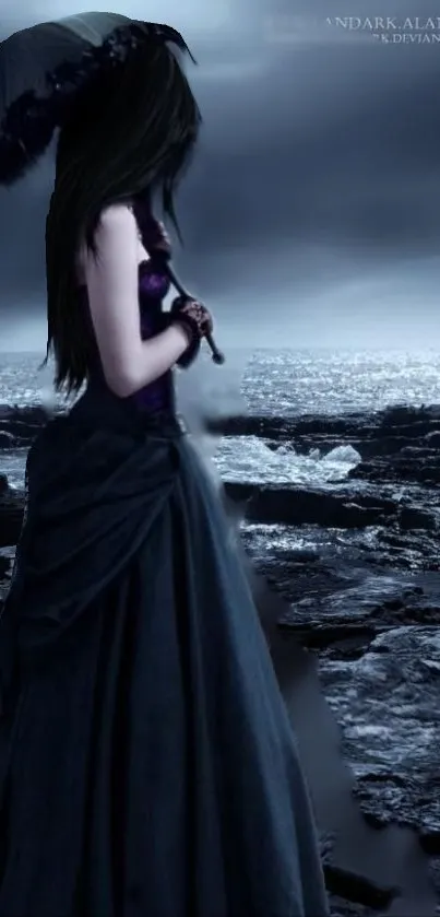 Gothic lady standing by a dark ocean.