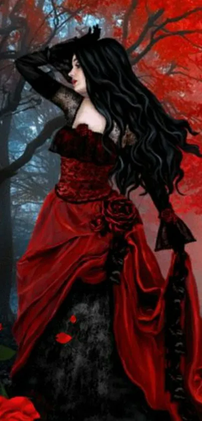 Gothic lady in flowing red dress in a mysterious forest setting.