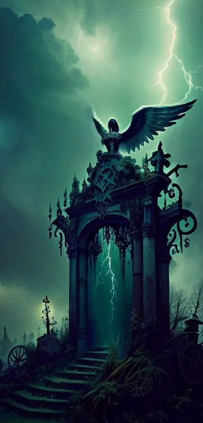 Gothic portal with lightning and dark clouds on wallpaper.