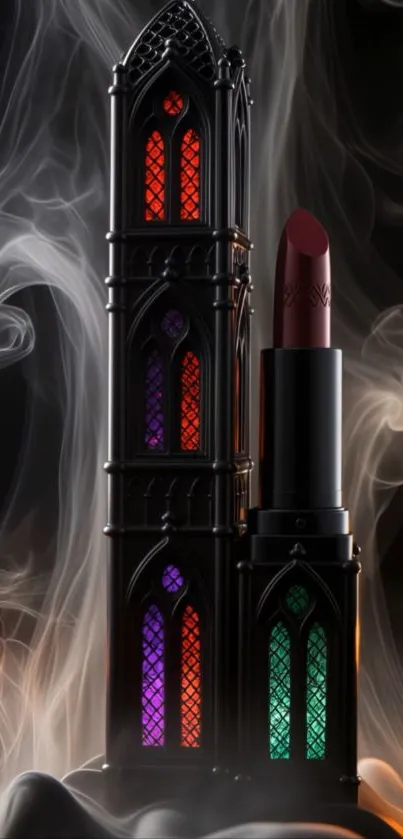 Gothic tower and lipstick with smoky background.